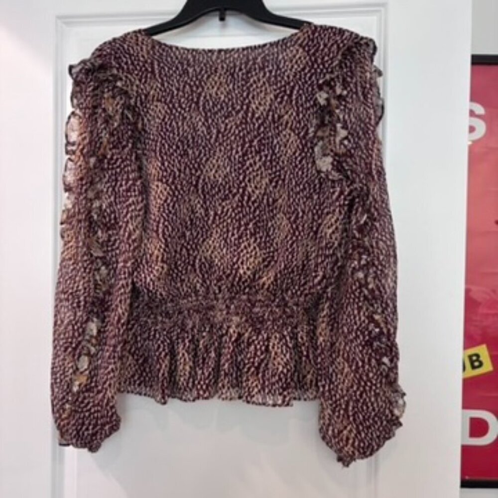 EXPRESS Wine & Cream Mixed Media Ruffle Trim Peplum Hem Blouse - Picture 6 of 7